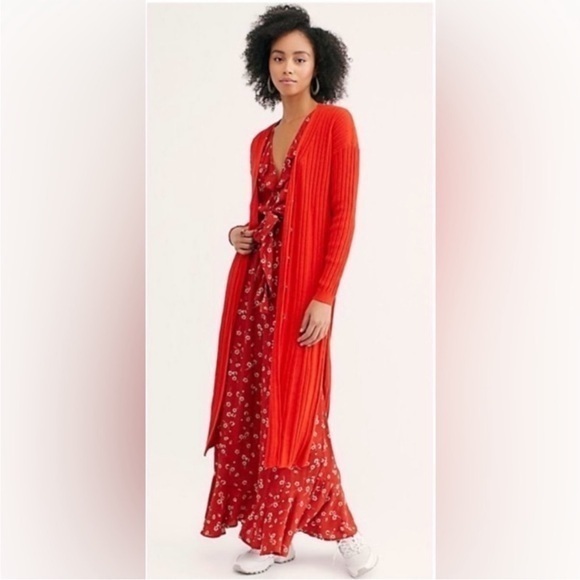 Free people long maxi duster cardigan bright orange/red - Picture 1 of 6